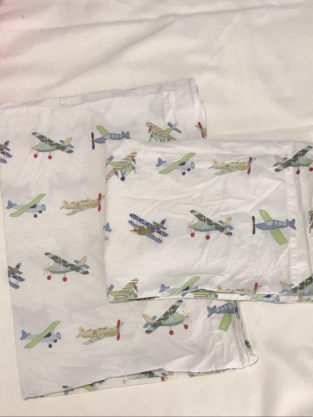 Pottery Barn Kids Airplane Pillowcase Set - White with Blue, Green & Red Planes